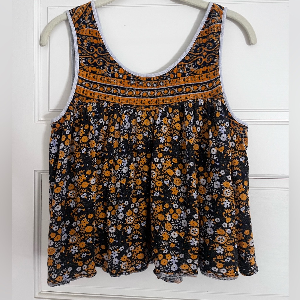 Free People Navy and Orange Smocked Tank Top